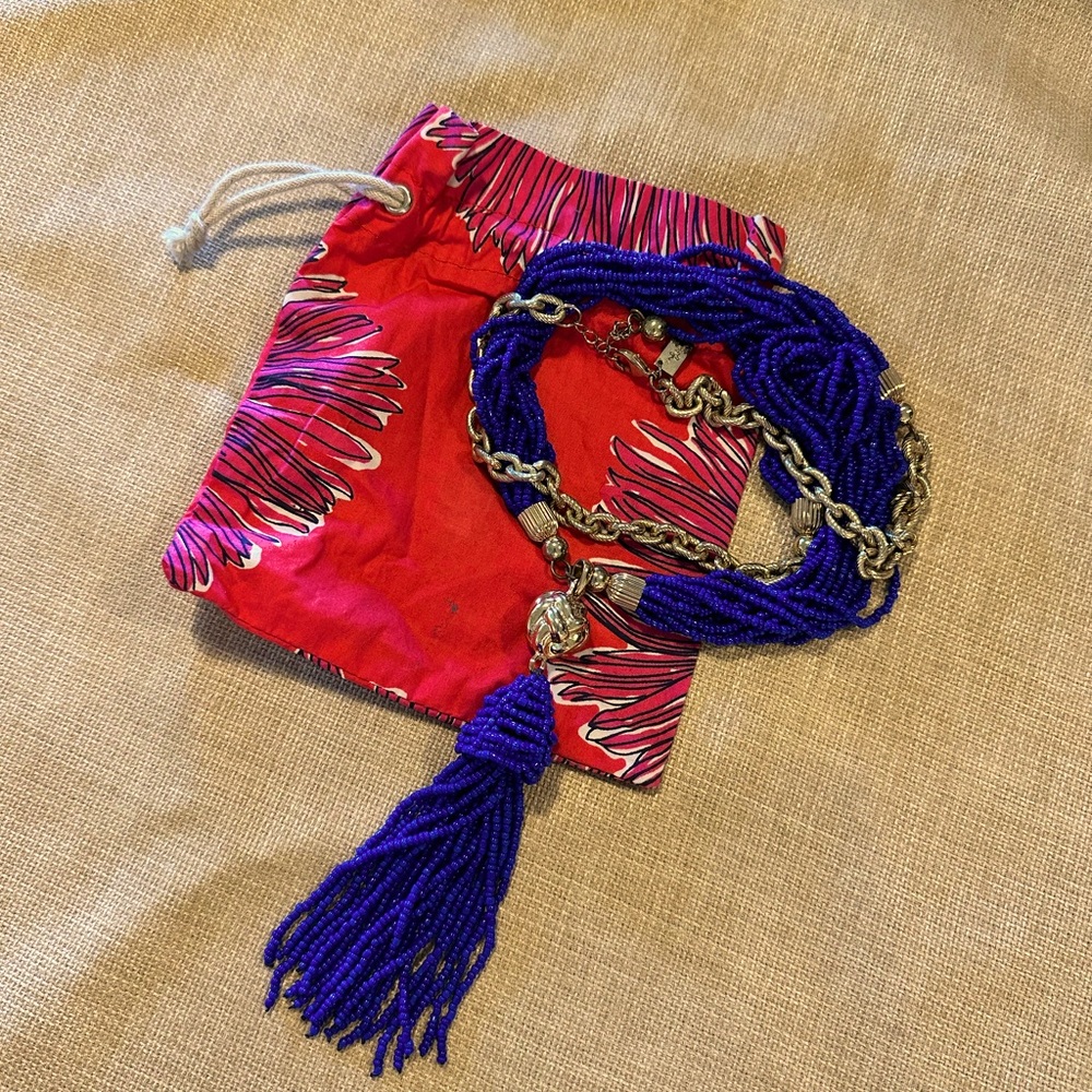 Lilly Pulitzer Blue Beaded Tassel Necklace 42" Gold
Chain With Gift